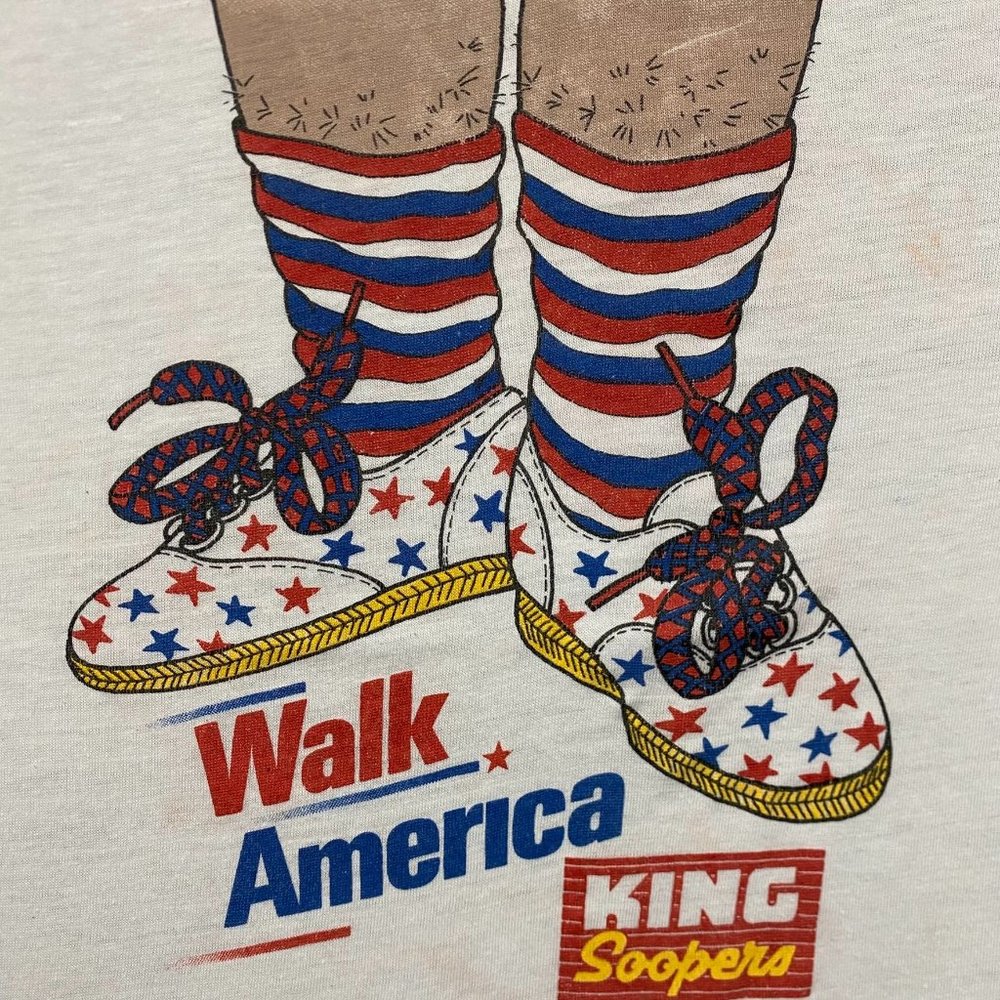 Vintage 80s Walk America Ringer T-Shirt Single Stitch Paper Thin White M - Picture 3 of 5